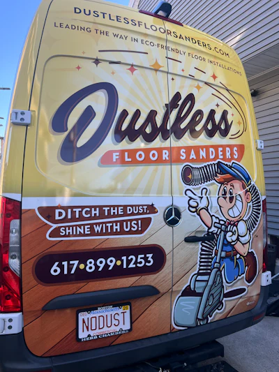 Nylin's van attracts people to his website, where pictures of past wood flooring jobs get them to contact him.