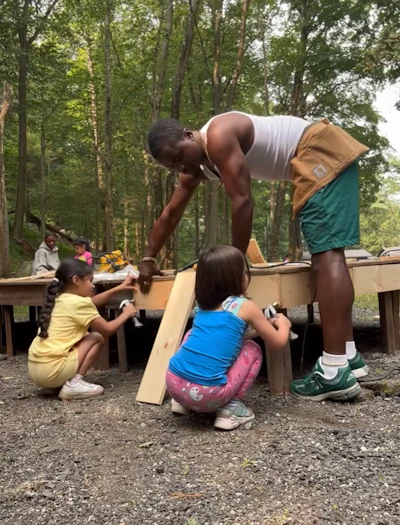 Campers ages 5–7 helped build this outdoor stage as A Floorman’s Dream project at Mosholu Day Camp in the Bronx, N.Y.