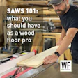 Wood floor professional using table saw to cut flooring planks in workshop