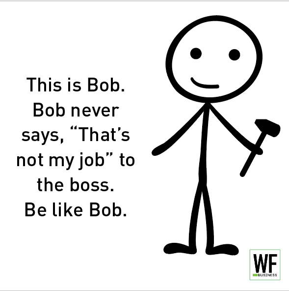 Stick figure character holding a hammer with text encouraging workplace responsibility and initiative
