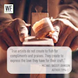 Hands holding amber glass jar with WF Business logo and Michael Bassey Johnson quote about true artists creating from love of craft