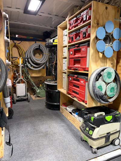 Sadunas uses stackable Milwaukee toolboxes with wheels to quickly load in his equipment once, without having to go back out to the van.