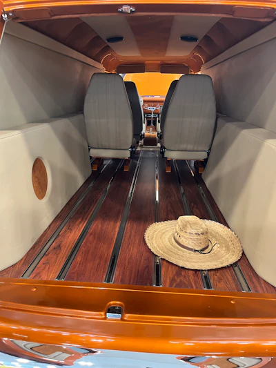 Hall's restored Chevy panel truck features aluminum and cherry wood flooring in the back, with leather lining the sides.