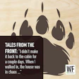 Bear paw print silhouette with 'Tales from the Front' story quote and WE Business logo on wood background