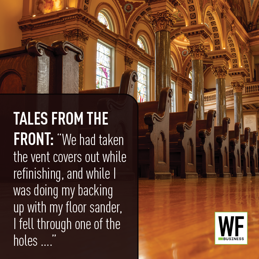 Ornate church interior with wooden pews and decorative columns, featuring a testimonial about floor refinishing mishap