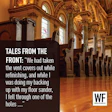 Ornate church interior with wooden pews and decorative columns, featuring a testimonial about floor refinishing mishap