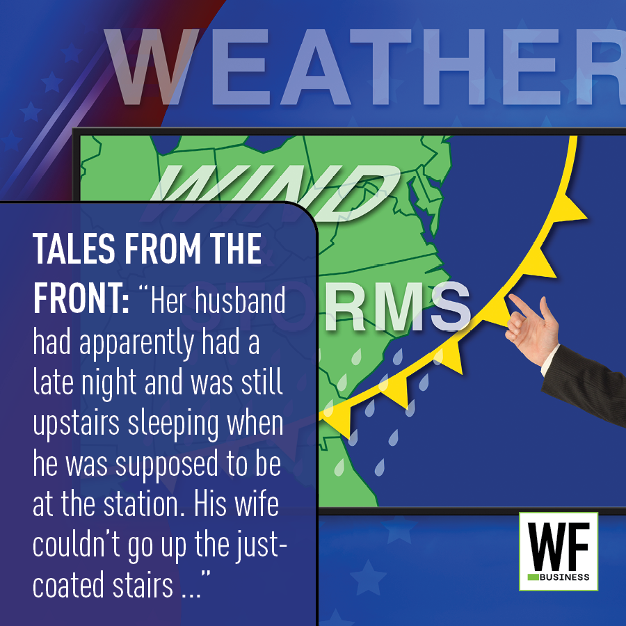 Weather forecast graphic showing a storm system map with yellow lightning bolt and narrative about a husband sleeping through his morning shift
