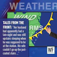 Weather forecast graphic showing a storm system map with yellow lightning bolt and narrative about a husband sleeping through his morning shift