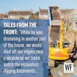Construction anecdote with yellow excavator dumping soil, featuring WE Business logo and customer testimonial about watching basement excavation work