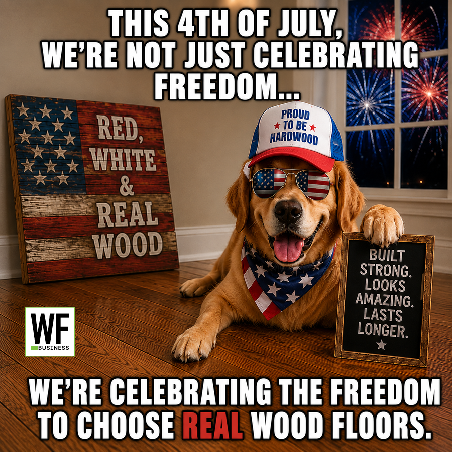 Golden retriever wearing patriotic hat and sunglasses with American flag bandana, surrounded by Fourth of July decorations and hardwood flooring promotional signs.