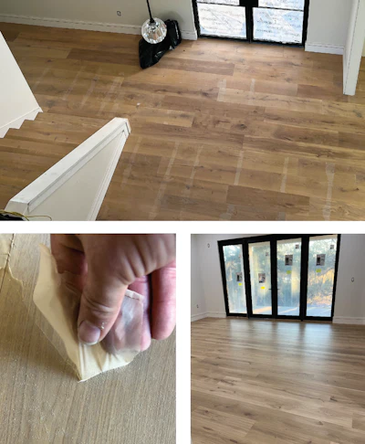 This is an example of what can happen when you don’t do your research and testing on a floor before you recoat. We were called to look at and fix this prefinished floor that someone recoated. As you can see, you could pull it up in sheets, and it pulled up in lines (as seen in the top photo) from the floor.