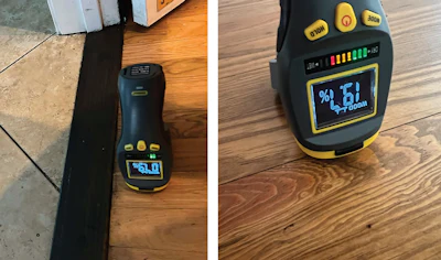 In the photo at left, we have cleaned the floor and are ready to coat, so we’re testing to see if we’re back to our baseline moisture content we had in Step 3. We’re at 7.9% and need to be at 6.6% before coating. At right, on this job you can see the moisture content is 19.7%—it’s detecting the cleaner that fell in the gaps. If you coated over it now, the moisture could cause white lines or milkiness in the finish.