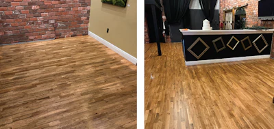 The 'before' is on the left, and the floor after recoating is on the right.