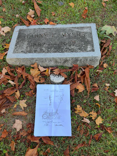 Harry L. Myers, one of the inventors of the American Floor Surfacing Machine, is buried near the original factory.