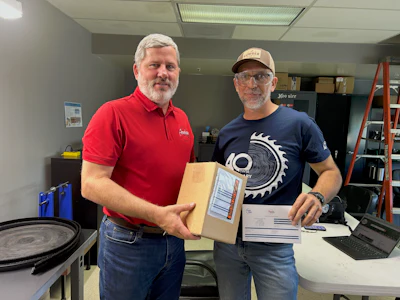 Roy Cox (at left), the global product manager for American Sanders, met Vallant at the current factory in Sparta, N.C.