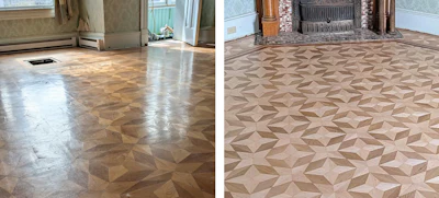 Before and after comparison of flooring installations: polished concrete with wood geometric inlay on left, decorative geometric tile pattern on right