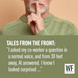 Man in green sweater making shush gesture with text about coworker Al answering from distance, WF Business logo