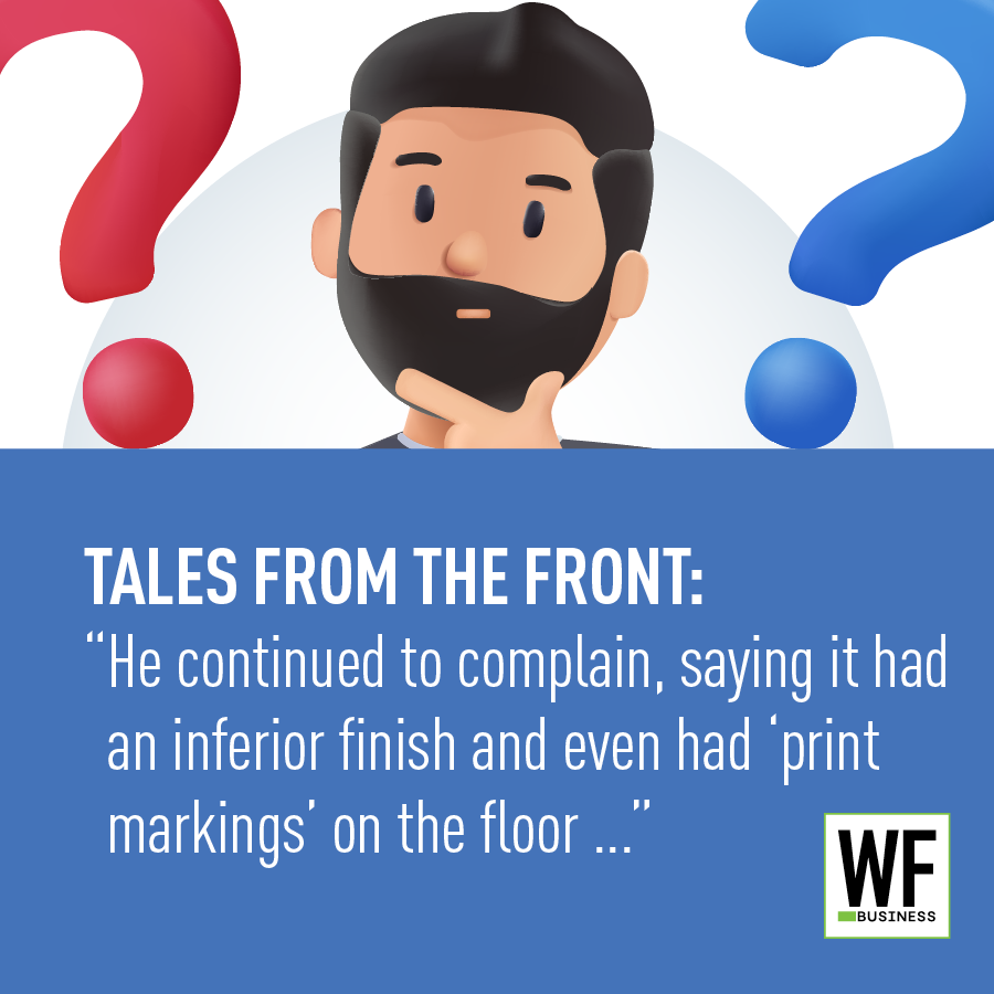 Bearded man with question marks illustration for Tales from the Front customer testimonial about product quality issues
