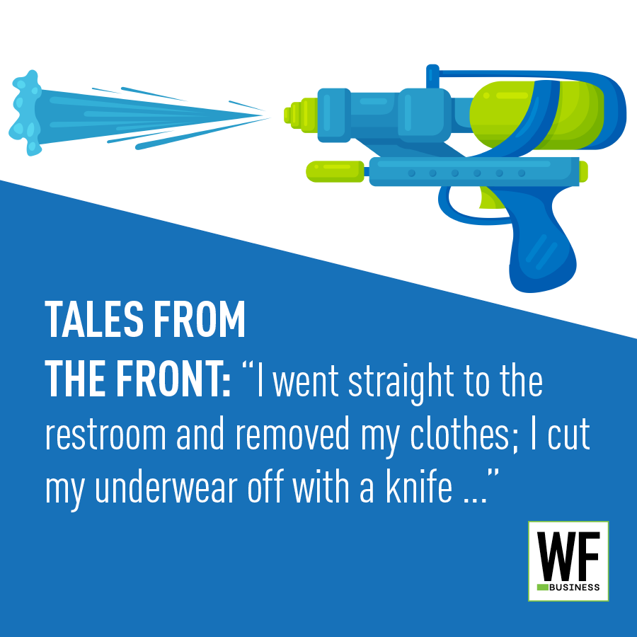 Water gun illustration with blue spray effect and 'Tales from the Front' customer testimonial quote about workplace incident