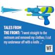 Water gun illustration with blue spray effect and 'Tales from the Front' customer testimonial quote about workplace incident
