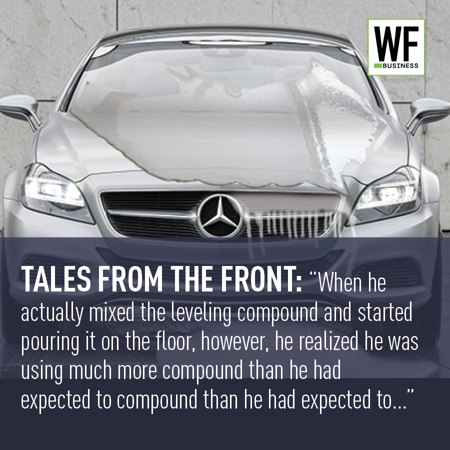 Damaged silver Mercedes-Benz with sunshade and 'Tales from the Front' business article text overlay