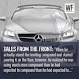 Damaged silver Mercedes-Benz with sunshade and 'Tales from the Front' business article text overlay