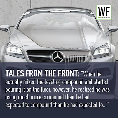 Damaged silver Mercedes-Benz with sunshade and 'Tales from the Front' business article text overlay