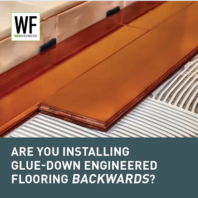 WE Business logo with engineered hardwood flooring installation guide showing glue-down application