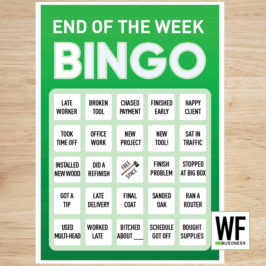 End of the Week Bingo card with workplace scenarios and WE Business logo