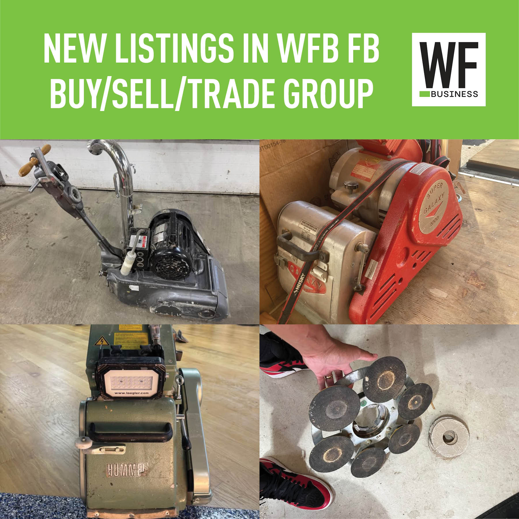 WE Business logo and new listings announcement for Facebook buy/sell/trade group with industrial equipment images