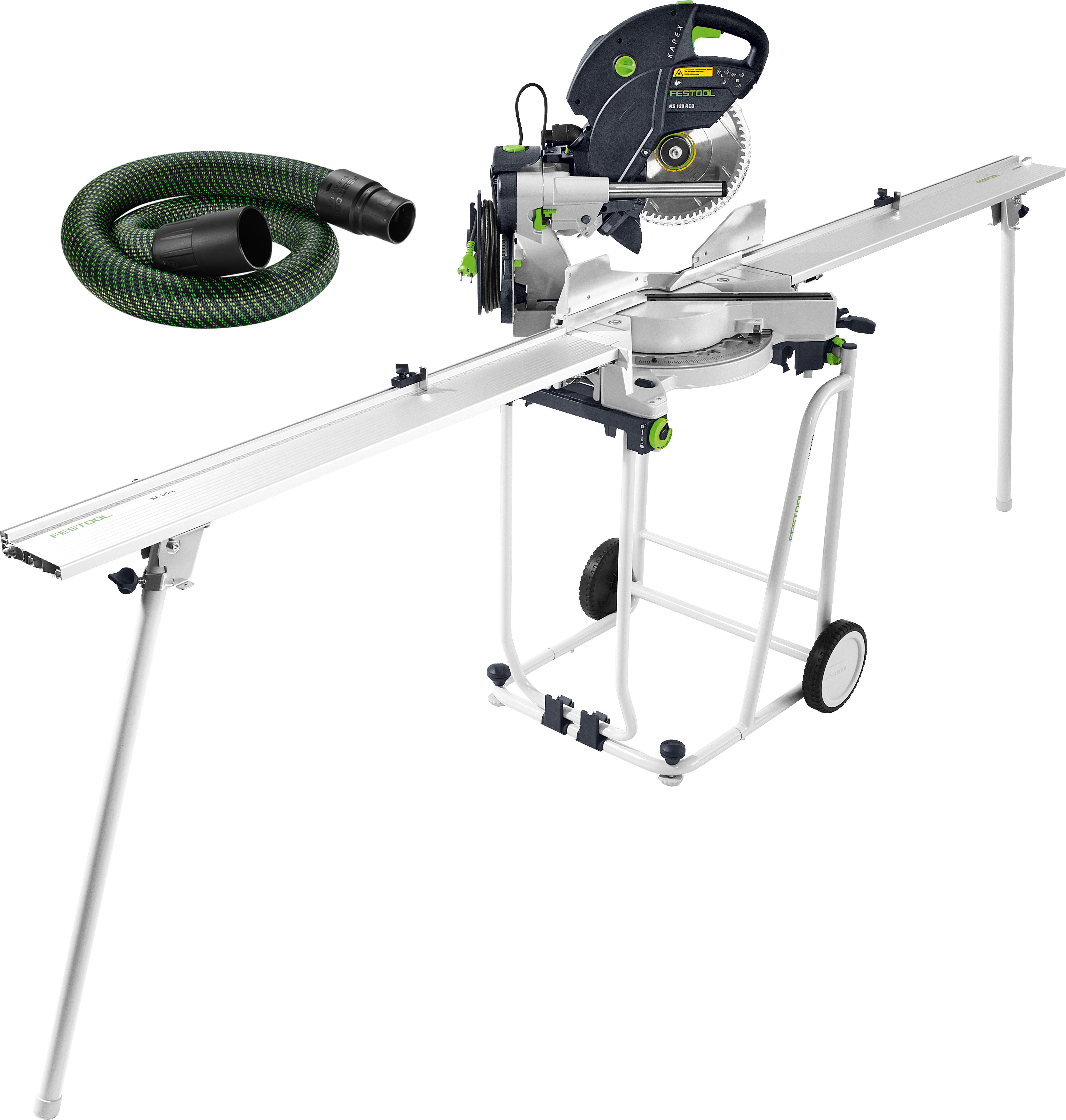 Festool miter saw on mobile stand with dust extraction hose included