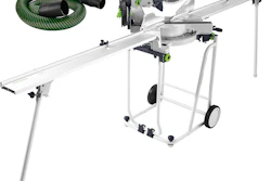 Festool miter saw on mobile stand with dust extraction hose included