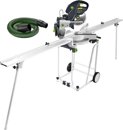 Festool miter saw on mobile stand with dust extraction hose included