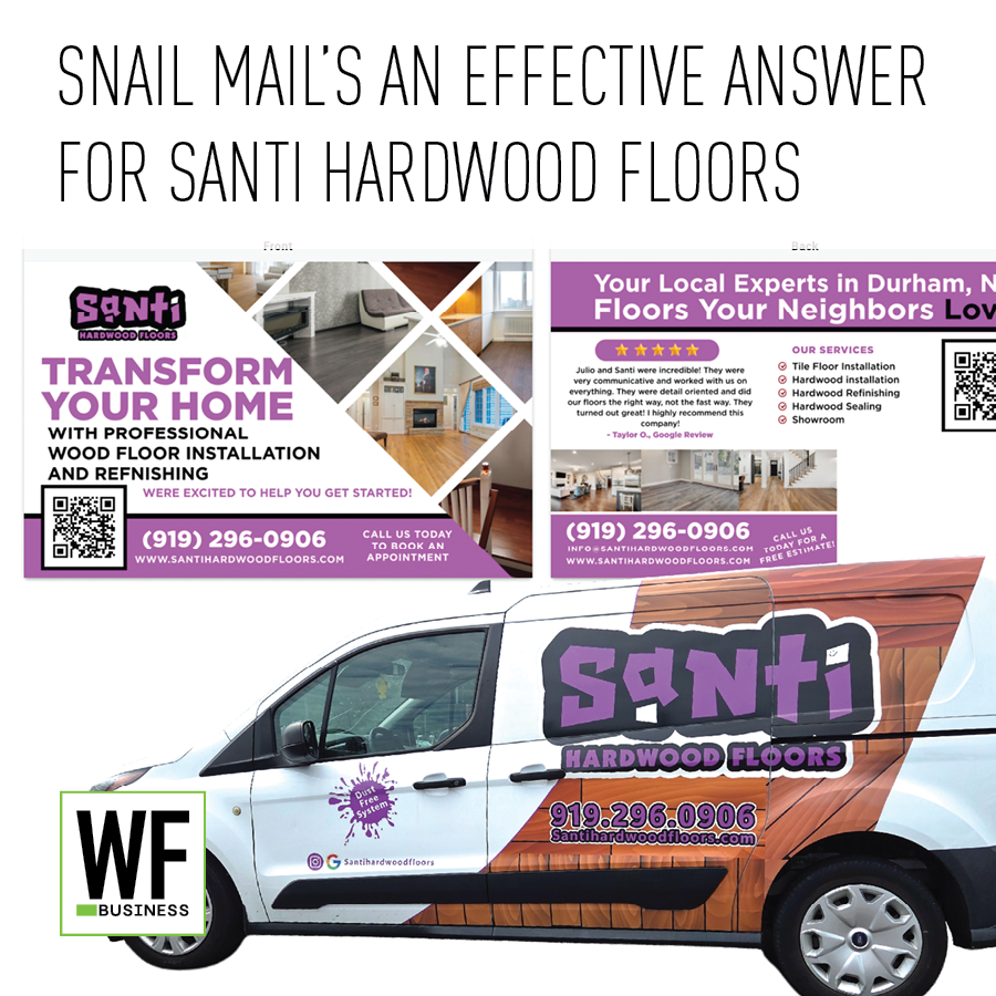 Santi Hardwood Floors marketing materials including service van wrap, promotional flyers, and contact information for professional floor installation and refinishing in Durham, NC.