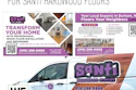 Santi Hardwood Floors marketing materials including service van wrap, promotional flyers, and contact information for professional floor installation and refinishing in Durham, NC.
