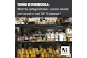 Wood flooring stain and finish products displayed on industrial shelves with Q&A question about customer-selected materials
