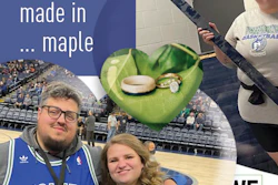 Composite meme showing couples at a basketball game with maple leaf heart and 'marriage made in maple' text