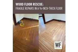 Before and after wood floor restoration showing repair of fragile 3/8-inch-thick flooring with WE Business logo