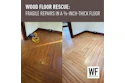 Before and after wood floor restoration showing repair of fragile 3/8-inch-thick flooring with WE Business logo