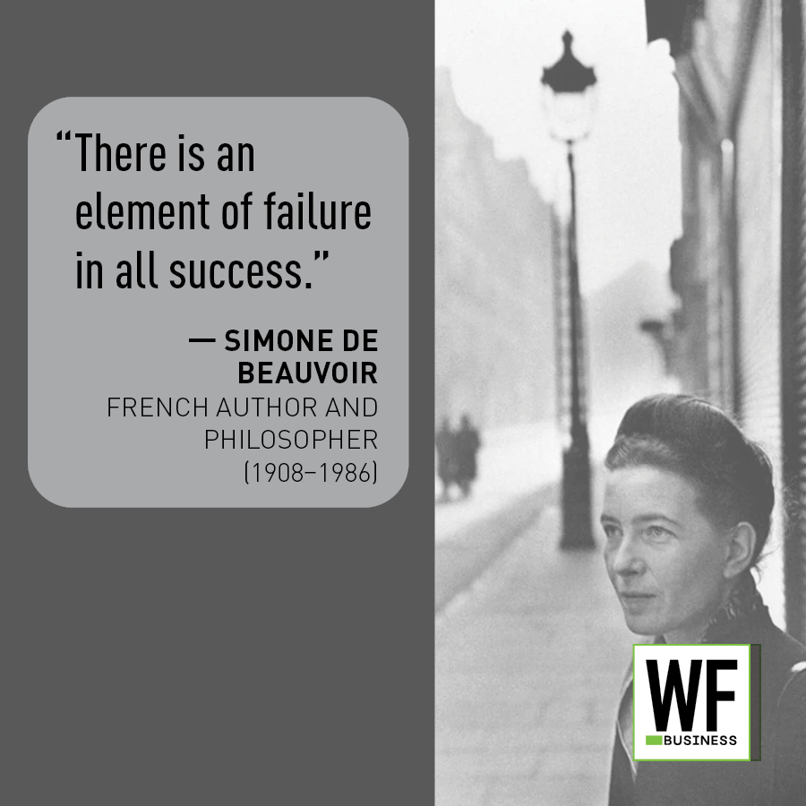 Simone de Beauvoir quote on failure and success with black and white street photography and WE Business logo