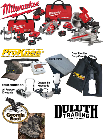 Milwaukee power tools, ProKnee kneepads, Georgia Boot footwear, and Duluth Trading Co gear collection displayed with carrying cases