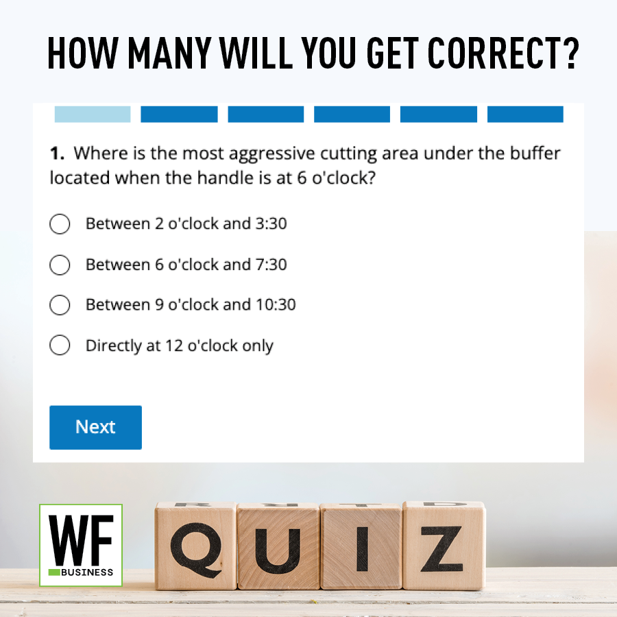 Quiz question asking about cutting area location with multiple choice answers and WF Business logo