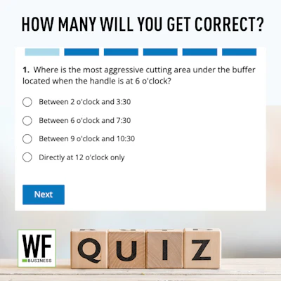 Quiz question asking about cutting area location with multiple choice answers and WF Business logo