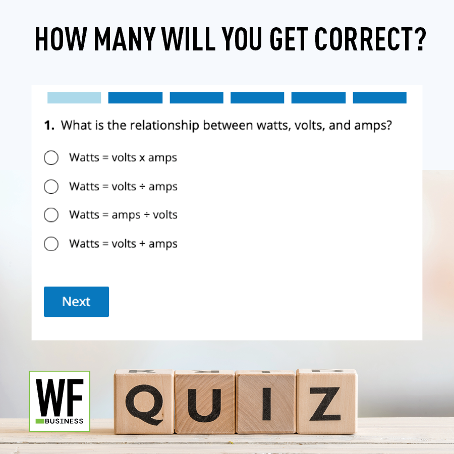 Interactive quiz interface asking about electrical relationships between watts, volts, and amps with multiple choice options
