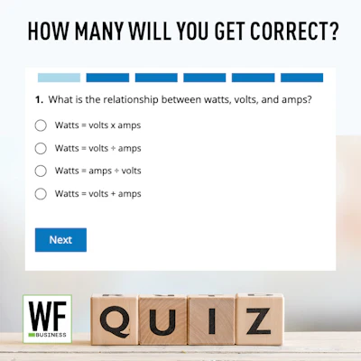 Interactive quiz interface asking about electrical relationships between watts, volts, and amps with multiple choice options