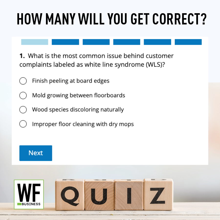 Quiz question about white line syndrome in flooring with WF Business logo and wooden blocks spelling QUIZ