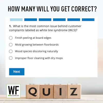 Quiz question about white line syndrome in flooring with WF Business logo and wooden blocks spelling QUIZ