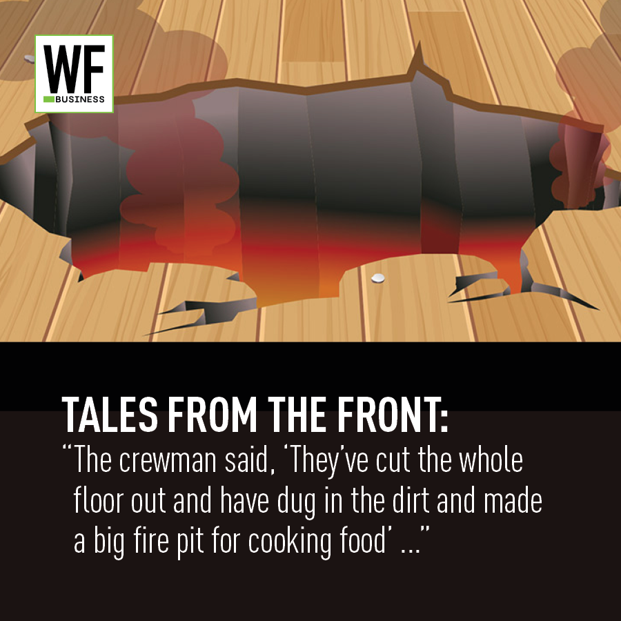WF Business logo with illustrated underground fire pit scene and crewman quote about construction on wooden background