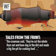 WF Business logo with illustrated underground fire pit scene and crewman quote about construction on wooden background