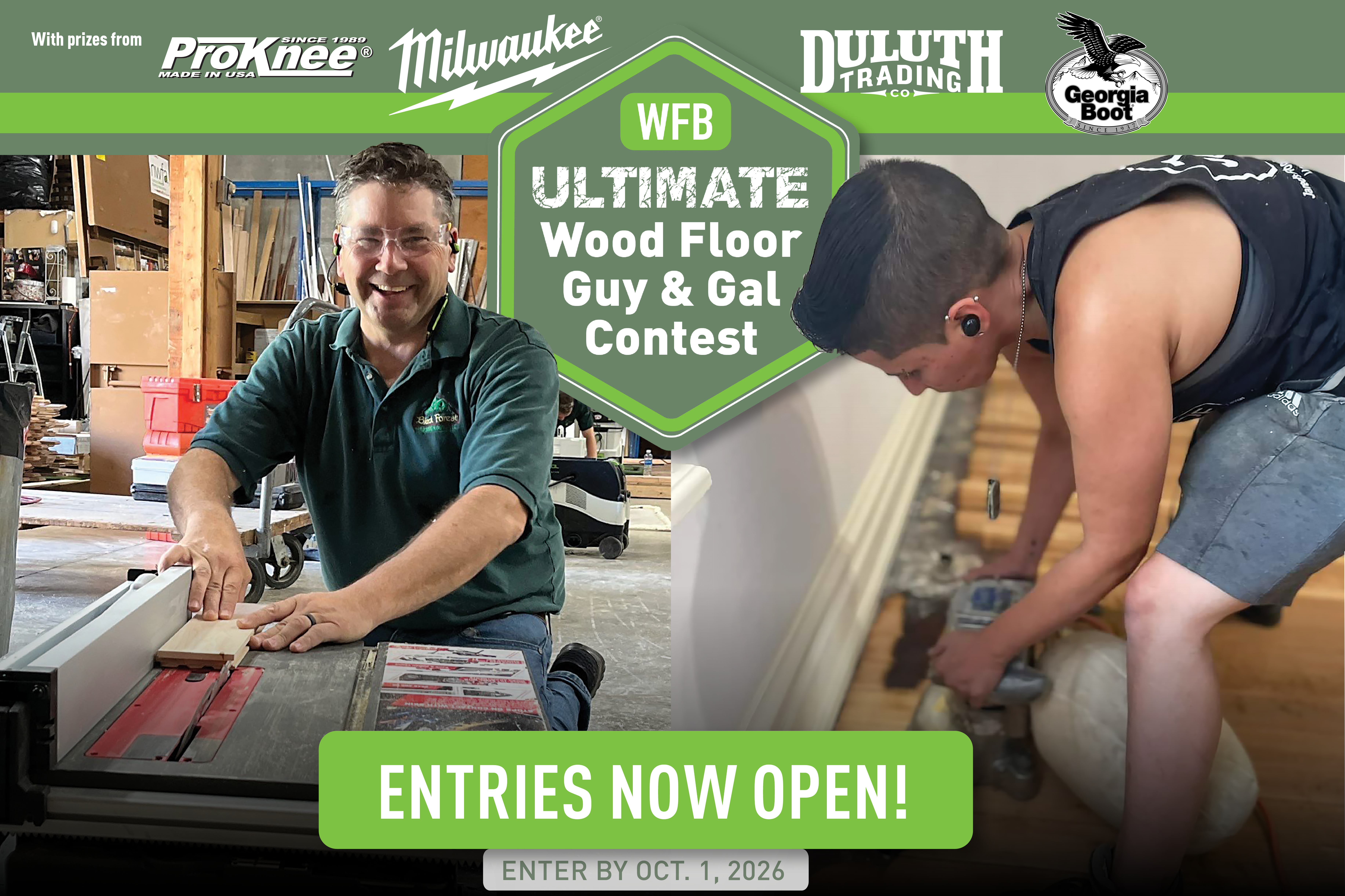WFB Ultimate Wood Floor Guy and Gal Contest promotional banner featuring two woodworkers installing flooring, with entries now open by October 1, 2026.